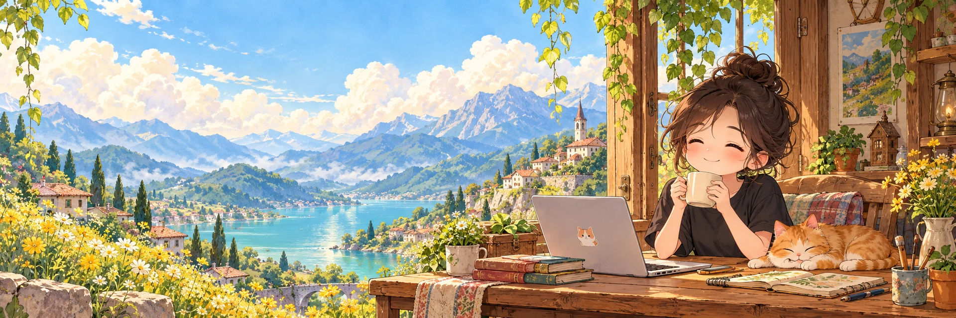 ภาพวาดนักเขียนตัวน้อยจิบกาแฟกับแมวส้มในบ้านริมภูเขา